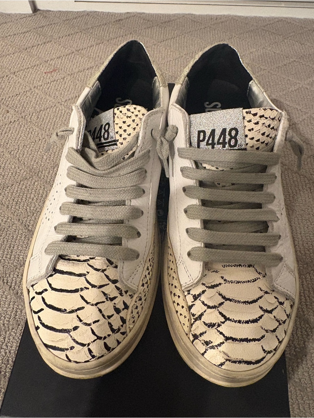 P448 Leather Sneakers Size 36 White Gold Animal Print – NEW Never Worn